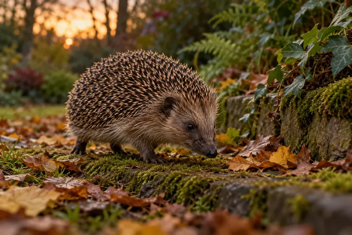 Illustrated hedgehog in a garden