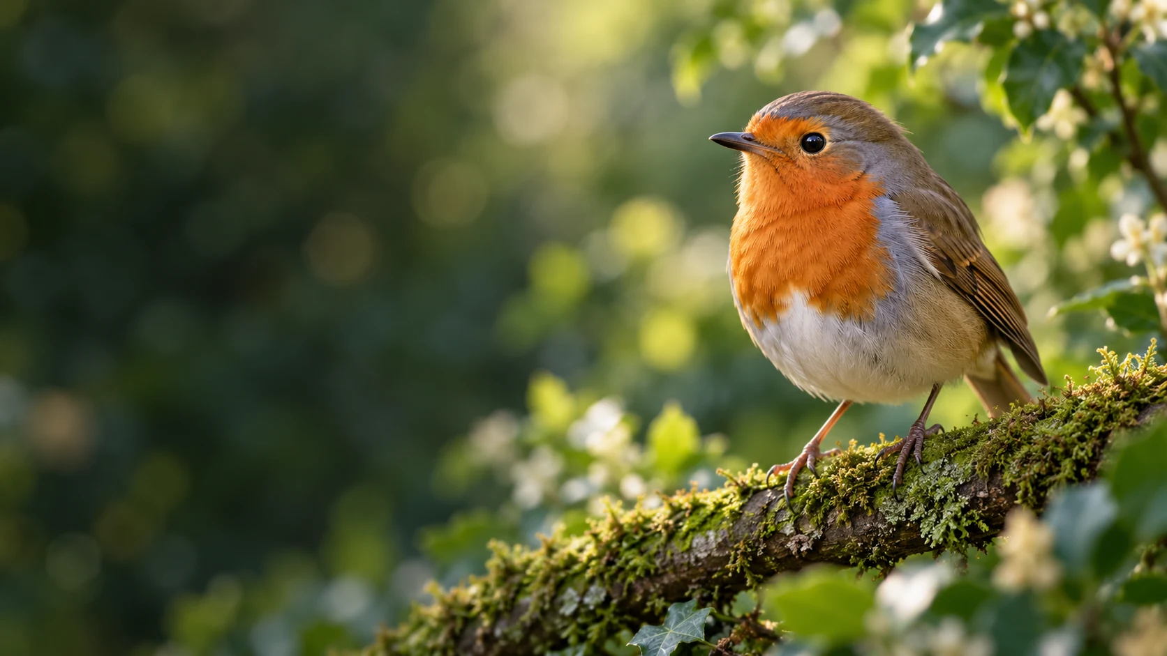 Illustrative European robin perched on a mossy branch